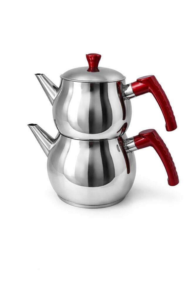 Mini boy İnox Çaydanlık | Kendinden Süzgeçli – Kırmızı Kulplu