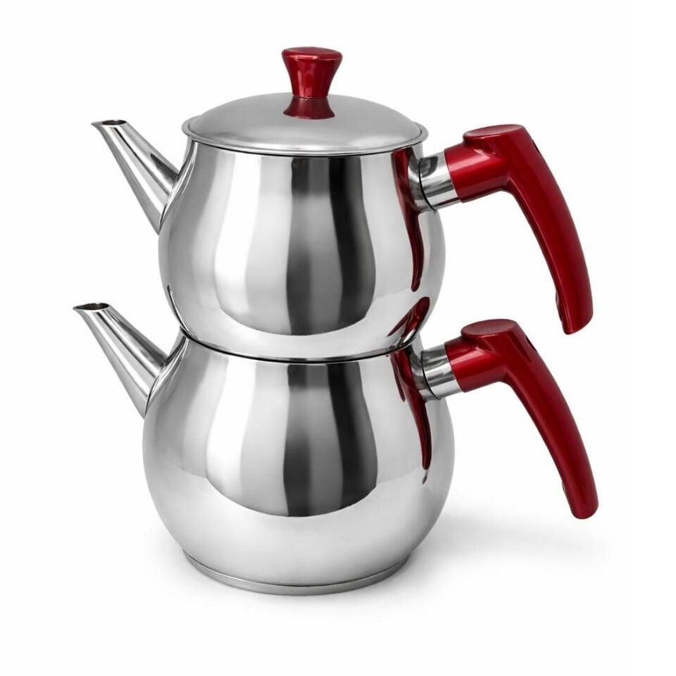 Orta boy İnox Çaydanlık | Kendinden Süzgeçli – Kırmızı Kulplu