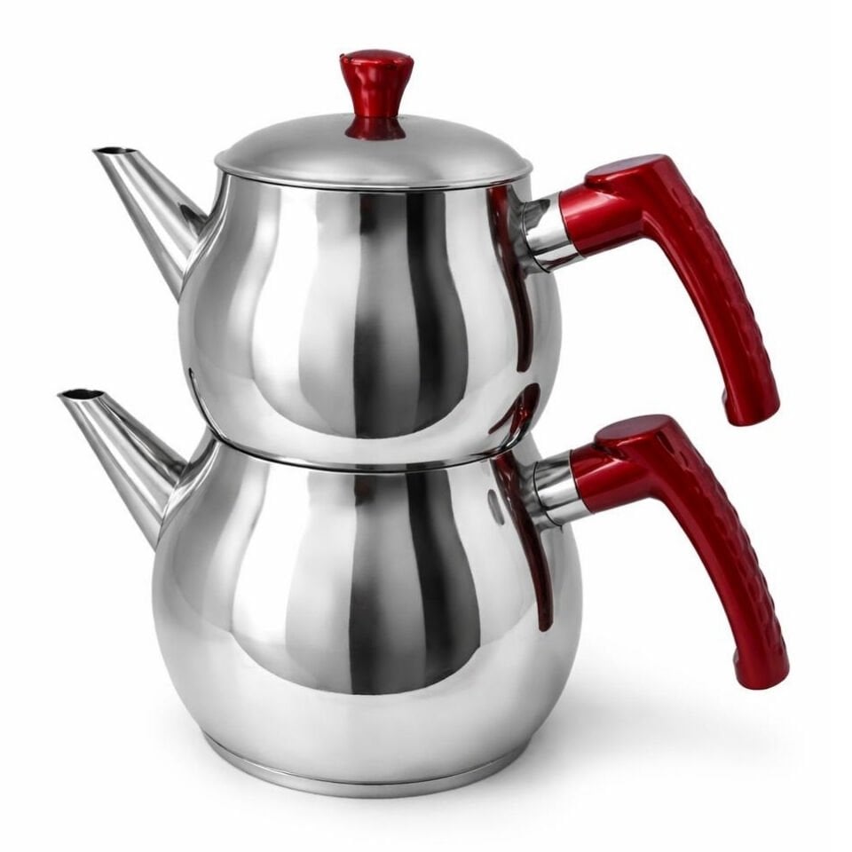 Aile boy İnox Çaydanlık | Kendinden Süzgeçli – Kırmızı Kulplu