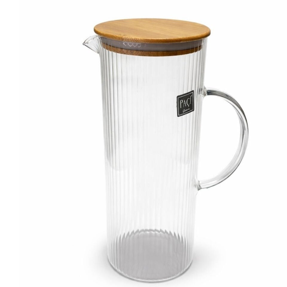 1500 ml Çizgili Cam Sürahi – Bambu Kapaklı Şeffaf Su & İçecek Sürahisi