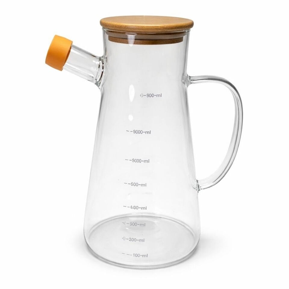 Ölçü Çizgili Cam Sürahi 900 ml – Bambu Kapaklı Yağlık & Sirkelik