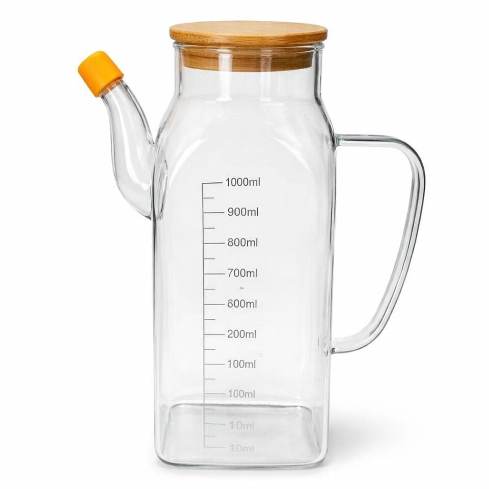 1 Litre Ölçü Çizgili Cam Sürahi – Bambu Kapaklı Yağlık & Sosluk