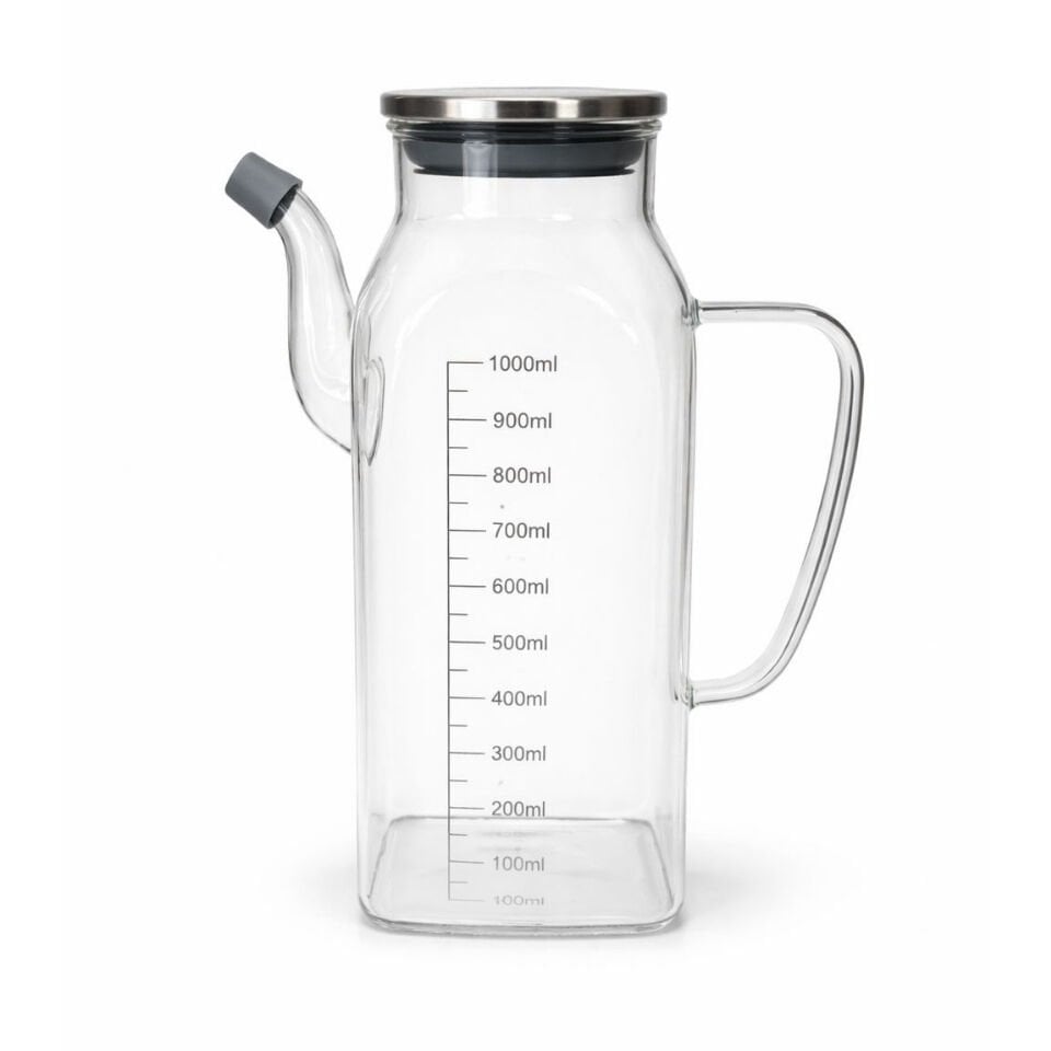 1 Litre Ölçü Çizgili Cam Sürahi – Çelik Kapaklı Yağlık & Sirkelik