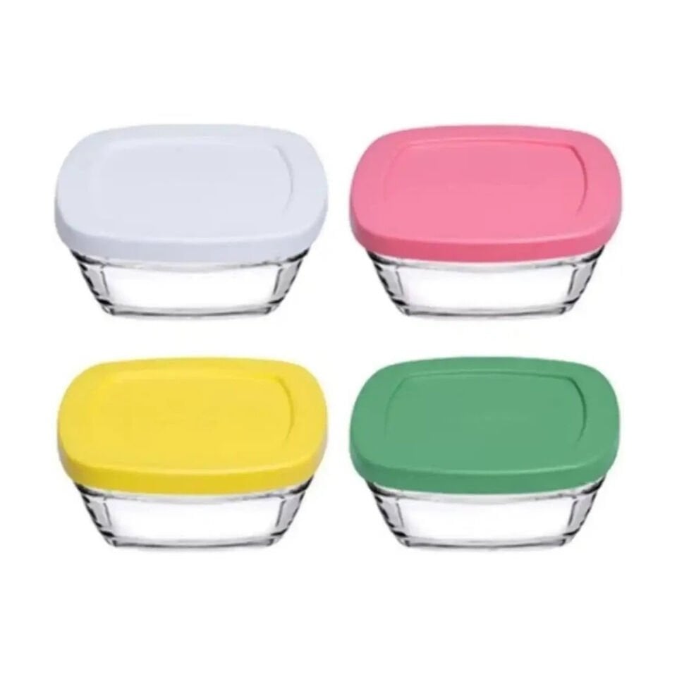 PAŞABAHÇE Cam Saklama Kabı Seti, 4 Parça, Asortili Çok Renkli Plastik Kapakli, 310 cc