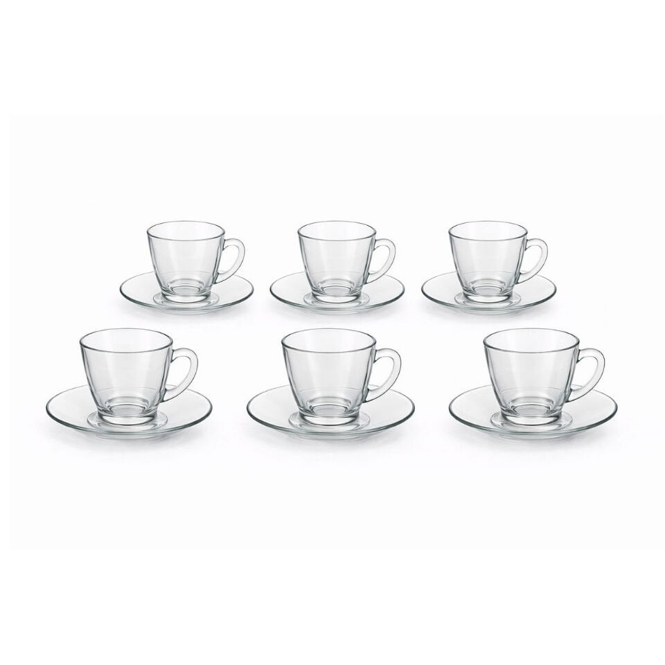 6’lı Cam Kahve & Çay Fincan Seti | Tabaklı Şeffaf Bardak Takım