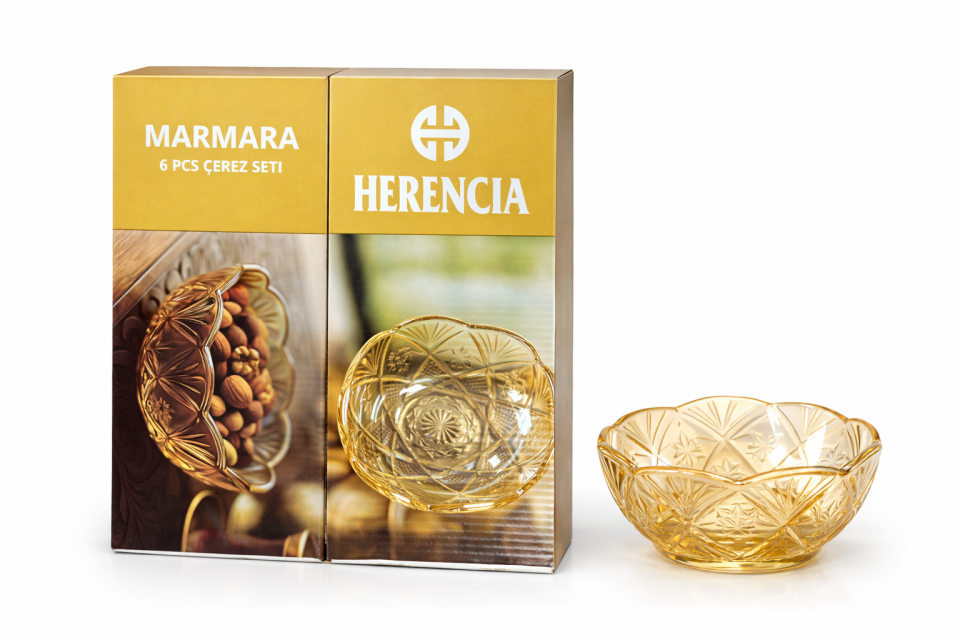 Herencia Marmara 6 Parça Çerezlik Set – Lüsterli Cam Sunum Kasesi Seti