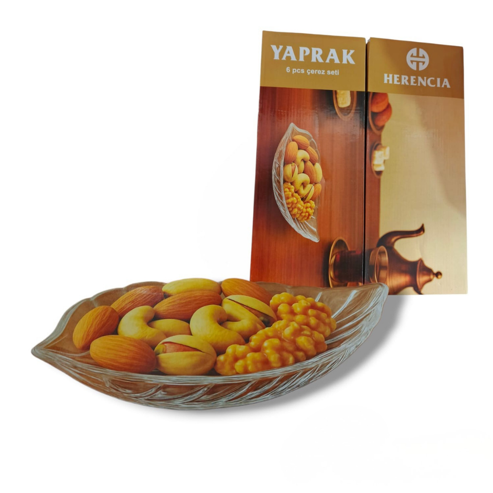 Herencia Yaprak 6 Parça Çerezlik Set – Lüsterli Cam Dekoratif Sunum Kasesi